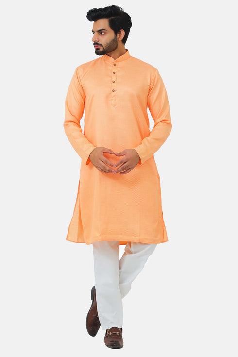 Veshbhoshaa Bluesaanchi Men'S Light Peach Dobby Kurta Set