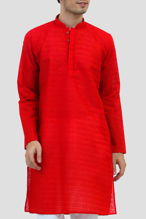 Veshbhoshaa Bluesaanchi Men'S Red Murli Chikankari Embroidery Kurta Pyjama Set