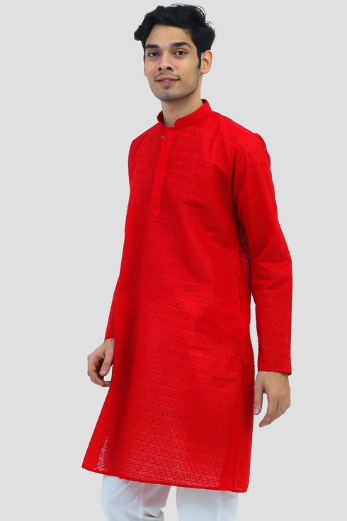 Veshbhoshaa Bluesaanchi Men'S Red Murli Chikankari Embroidery Kurta Pyjama Set