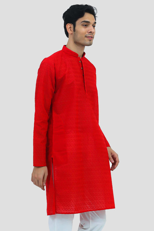 Veshbhoshaa Bluesaanchi Men'S Red Murli Chikankari Embroidery Kurta Pyjama Set