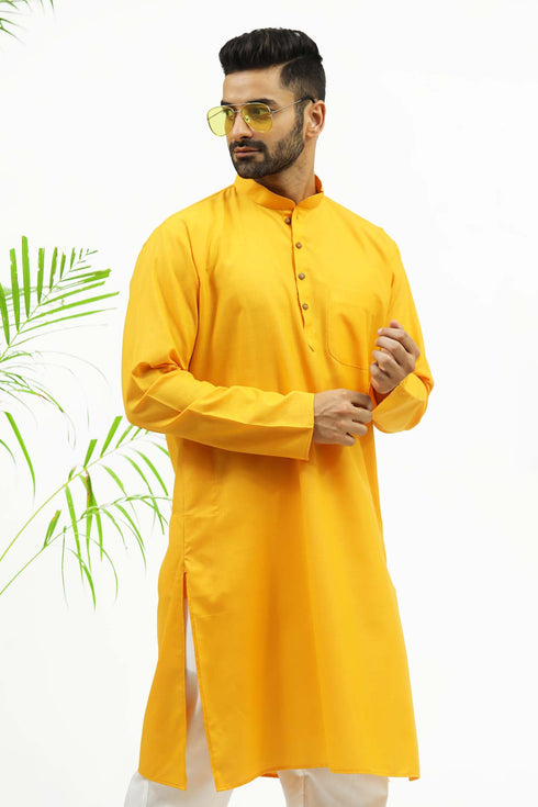 Veshbhoshaa Bluesaanchi Men'S Yellow Designer Matka Silk Kurta Set