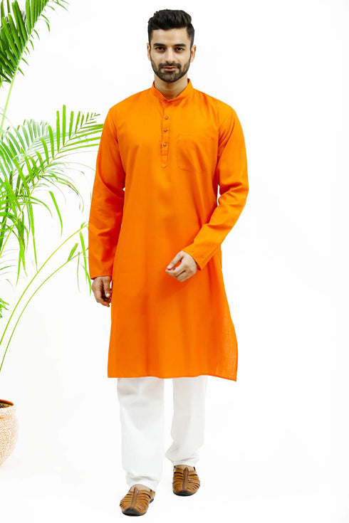 Veshbhoshaa Bluesaanchi Men'S Dark Orange Matka Silk Kurta Set