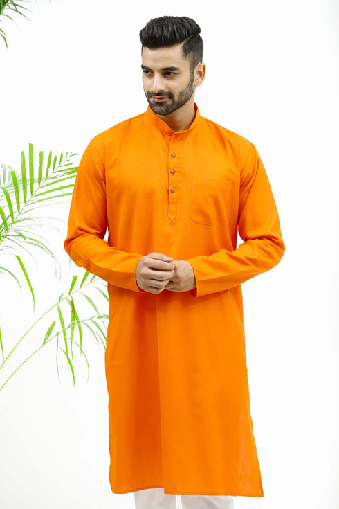 Veshbhoshaa Bluesaanchi Men'S Dark Orange Matka Silk Kurta Set