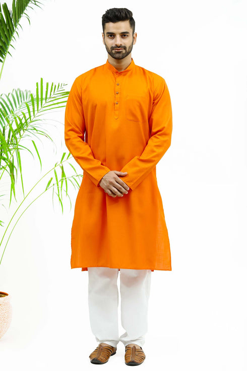 Veshbhoshaa Bluesaanchi Men'S Dark Orange Matka Silk Kurta Set