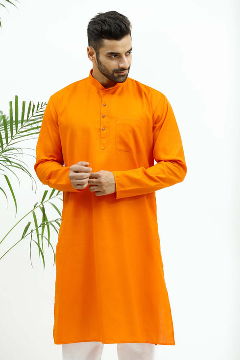 Veshbhoshaa Bluesaanchi Men'S Dark Orange Matka Silk Kurta Set