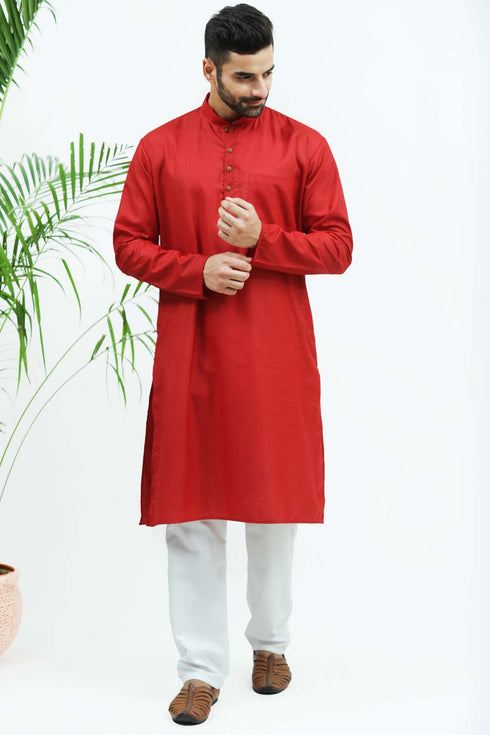Veshbhoshaa Bluesaanchi Men'S Red Matka Silk Kurta Set