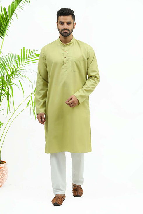 Veshbhoshaa Bluesaanchi Men'S Light Olive Green Matka Silk Kurt Set
