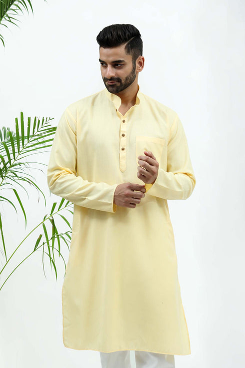 Veshbhoshaa Bluesaanchi Men'S Lemon Yellow Matka Silk Kurta Set