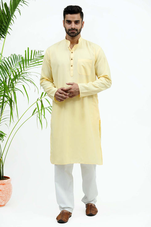 Veshbhoshaa Bluesaanchi Men'S Lemon Yellow Matka Silk Kurta Set