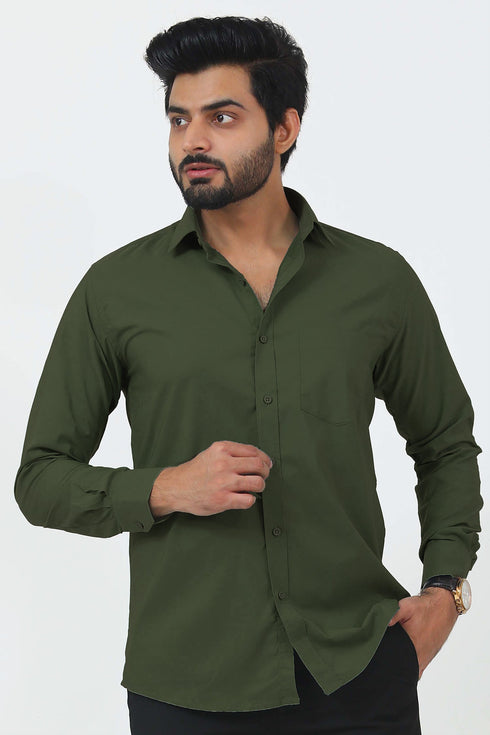 Veshbhoshaa Bluebird Men'S Mehndi Green Cotton Lycra Formal Shirt