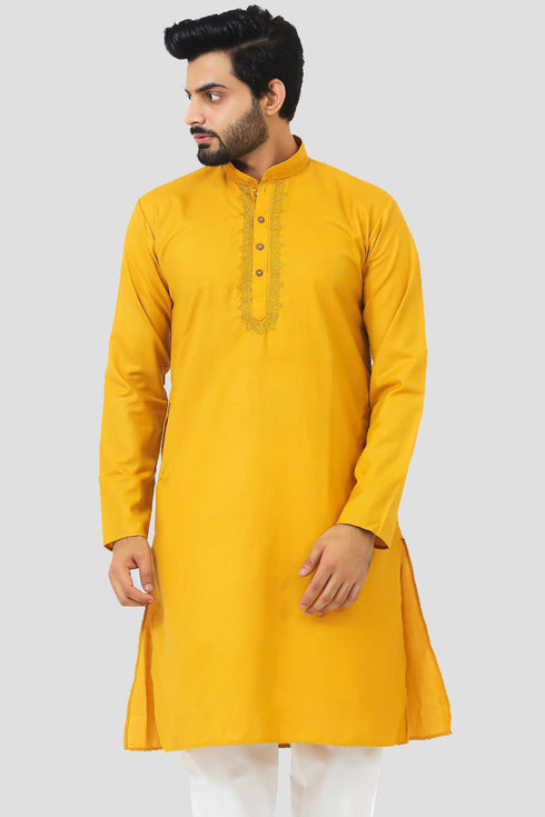 Veshbhoshaa Bluesaanchi Men'S Mustard Magic Slub Kurta Set