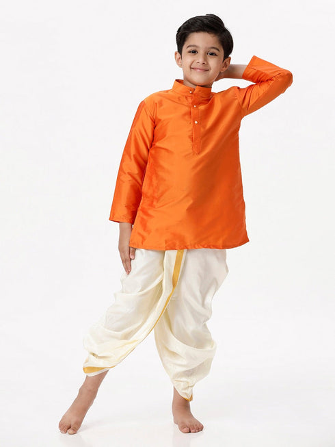 Ramraj Cotton Boys Silk Cotton Full Sleeves Orange Kurta with Panchakacham Combo