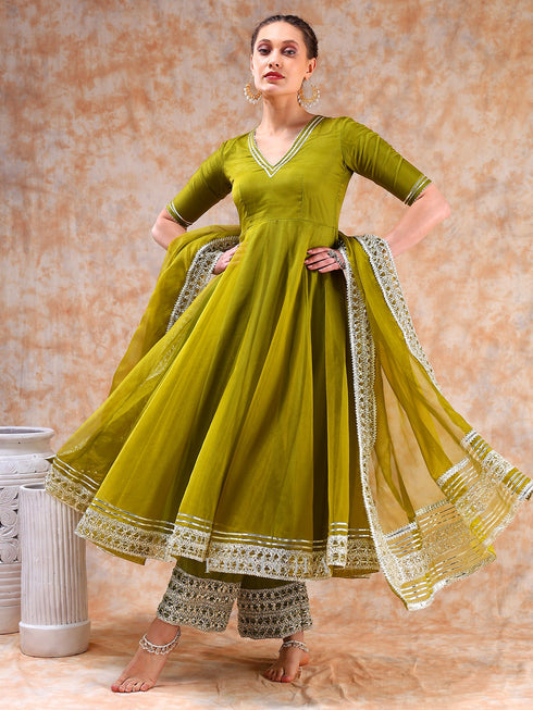 Pomcha Jaipur Dil Kash Mehendi Green Anarkali Set