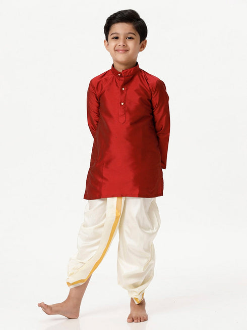 Ramraj Cotton Boys Silk Cotton Full Sleeves Red Kurta with Panchakacham Combo
