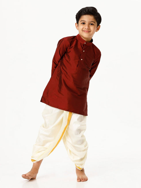 Ramraj Cotton Boys Silk Cotton Full Sleeves Maroon Kurta with Panchakacham Combo