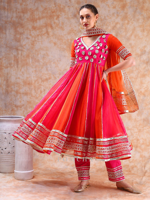 Pomcha Jaipur Dil Kash Orange Pink Double Shade Anarkali