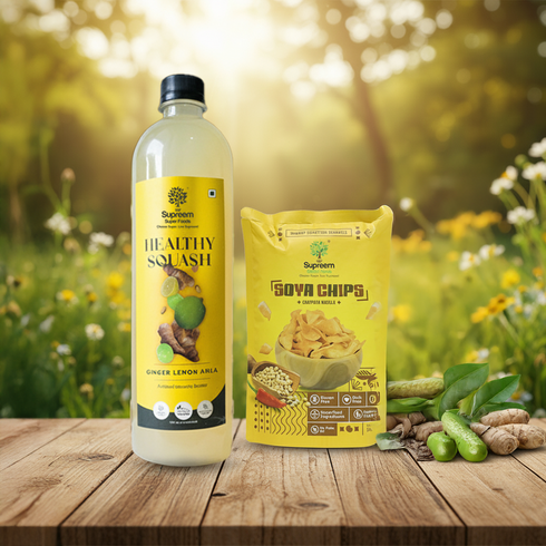 Supreem Super Foods Ginger Lemon Amla squash + Soya Chips (Pack of 2)