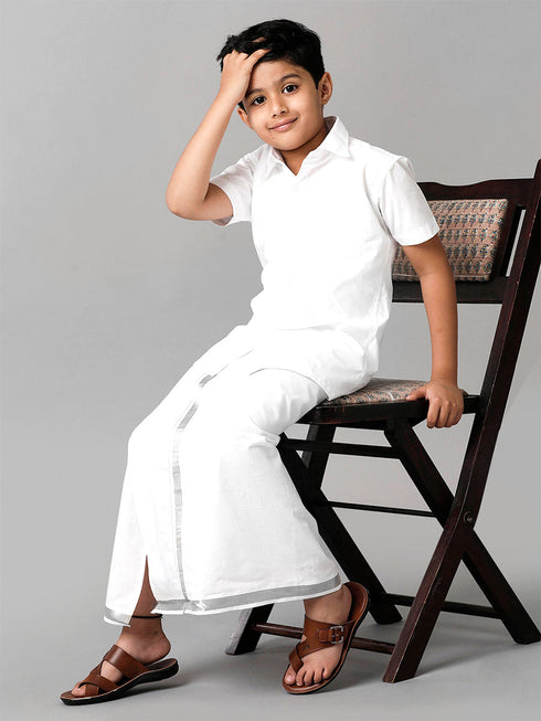 Ramraj Cotton Boys Readymade Single Layer White Dhoti With Silver Jari Border