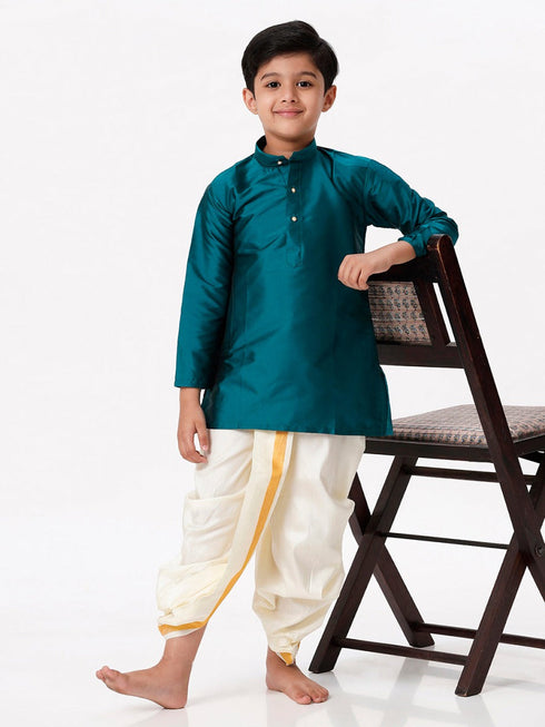 Ramraj Cotton Boys Silk Cotton Full Sleeves Dark Green Kurta with Panchakacham Combo