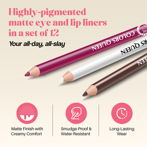 Colors Queen Vivid Matte Lip & Eye Pencil – 12 Smooth Shades Set