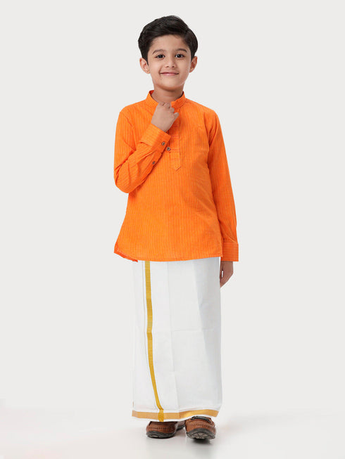 Ramraj Cotton Boys Breeze Cotton Full Sleeves Orange Kurta with Dhoti Combo