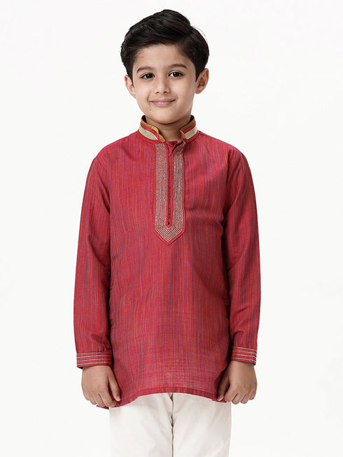 Ramraj Cotton Boys Emerald Full Sleeves Red Kurta