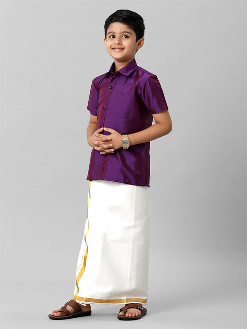 Ramraj Cotton Boys Silk Cotton Violet Half Sleeves Shirt K21