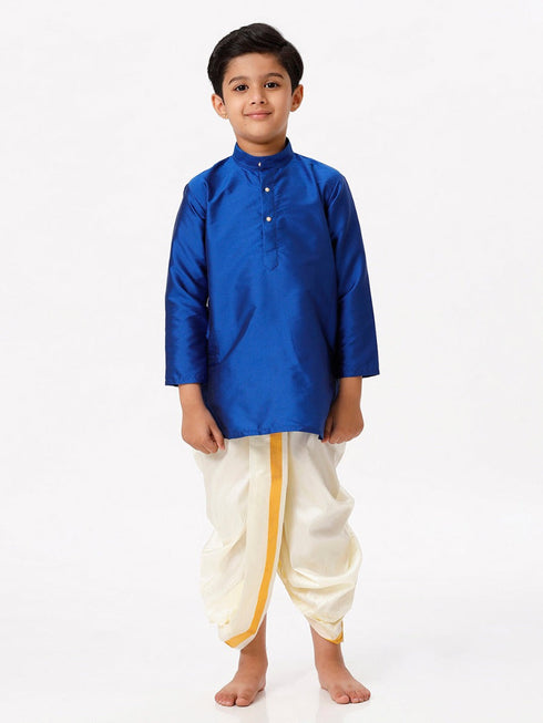 Ramraj Cotton Boys Silk Cotton Full Sleeves Royal Blue Kurta with Panchakacham Combo
