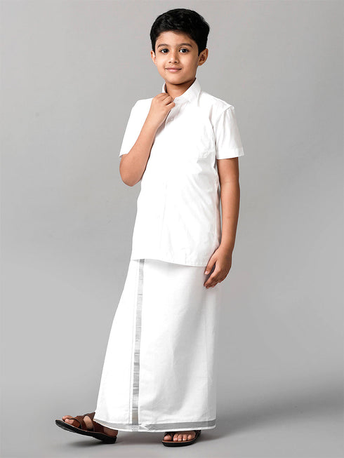 Ramraj Cotton Boys Readymade Single Layer White Dhoti With Silver Jari Border
