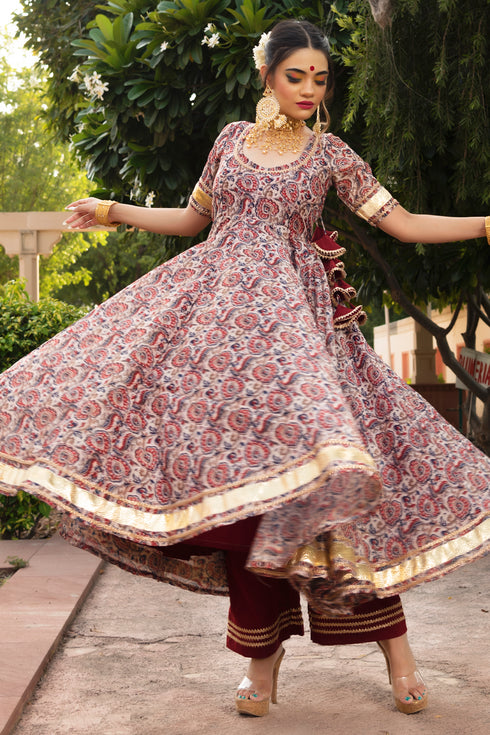 Pomcha Jaipur Organza Anarkali With Organza Dupatta Set