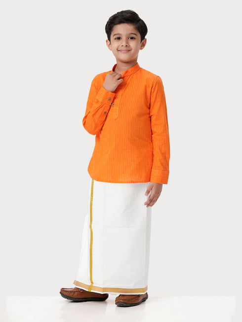 Ramraj Cotton Boys Breeze Cotton Full Sleeves Orange Kurta with Dhoti Combo