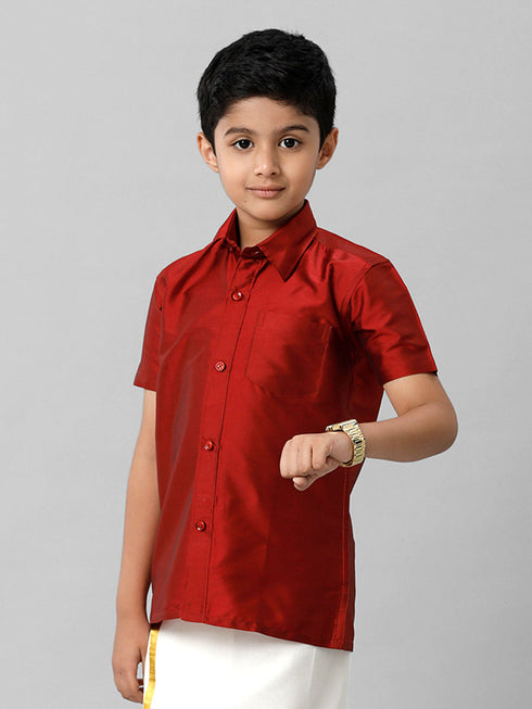 Ramraj Cotton Boys Silk Cotton Red Half Sleeves Shirt K8