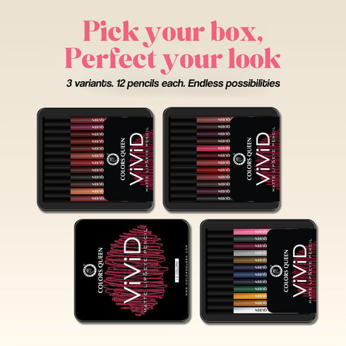 Colors Queen Vivid Matte Lip & Eye Pencil – 12 Smooth Shades Set