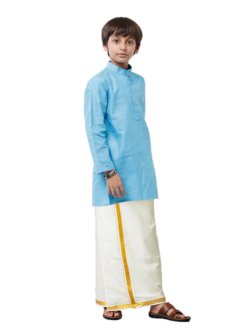 Ramraj Cotton Boys Fantastic Kurta & Cream Dhoti Set Blue FS4