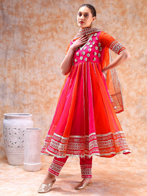 Pomcha Jaipur Dil Kash Orange Pink Double Shade Anarkali