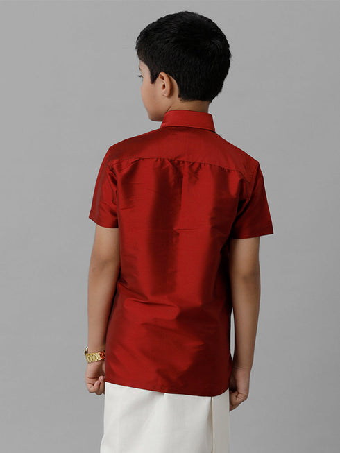 Ramraj Cotton Boys Silk Cotton Maroon Half Sleeves Shirt K7