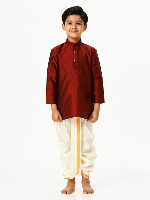 Ramraj Cotton Boys Silk Cotton Full Sleeves Maroon Kurta with Panchakacham Combo