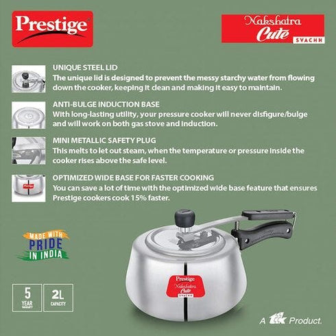 Prestige Nakshatra Cute Svachh Aluminium Gas And Induction Compatible Pressure Cooker Silver 2 L