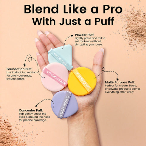 Colors Queen Pack of 4 Makeup Puffs with Powder, Foundation, Concealer & Multipurpose Puff