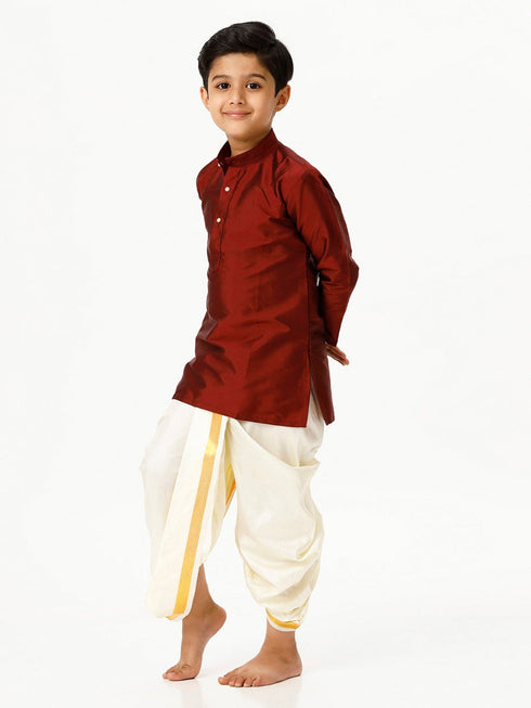Ramraj Cotton Boys Silk Cotton Full Sleeves Maroon Kurta with Panchakacham Combo