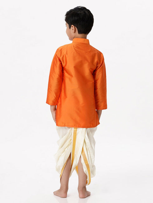Ramraj Cotton Boys Silk Cotton Full Sleeves Orange Kurta with Panchakacham Combo
