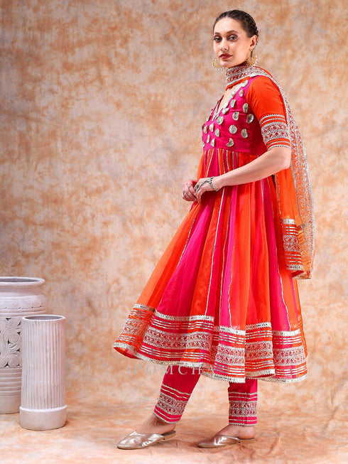 Pomcha Jaipur Dil Kash Orange Pink Double Shade Anarkali