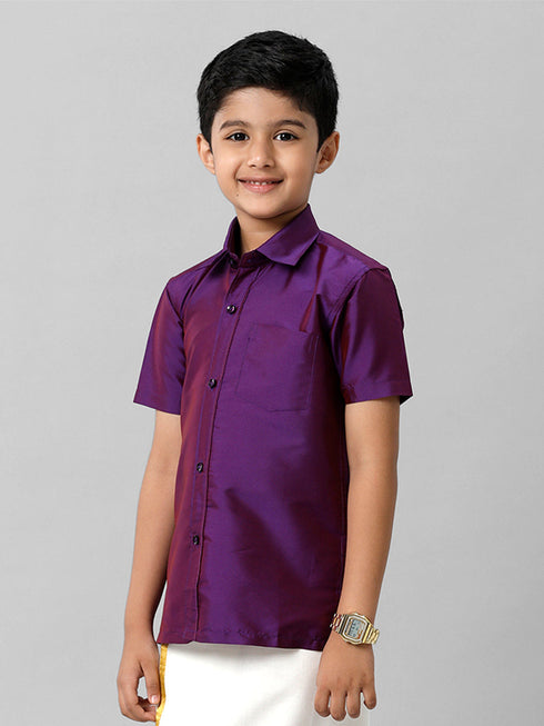 Ramraj Cotton Boys Silk Cotton Violet Half Sleeves Shirt K21