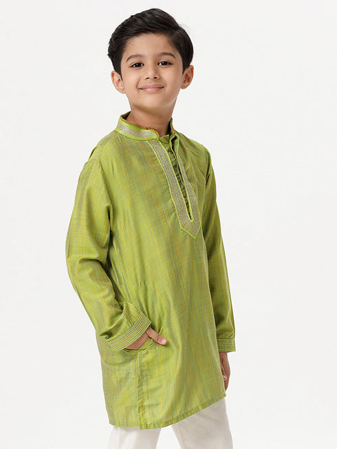 Ramraj Cotton Boys Emerald Full Sleeves Parrot Green Kurta