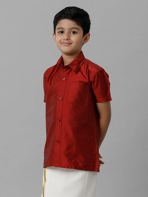 Ramraj Cotton Boys Silk Cotton Maroon Half Sleeves Shirt K7