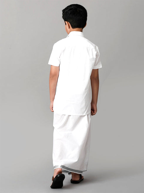 Ramraj Cotton Boys Readymade Single Layer White Dhoti With Silver Jari Border