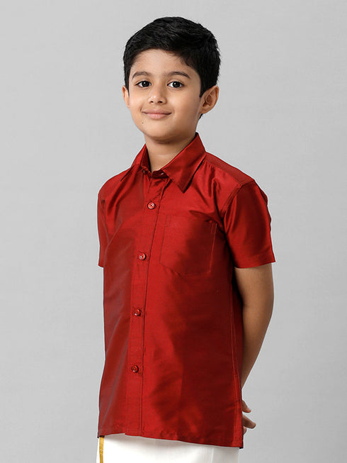Ramraj Cotton Boys Silk Cotton Red Half Sleeves Shirt K8