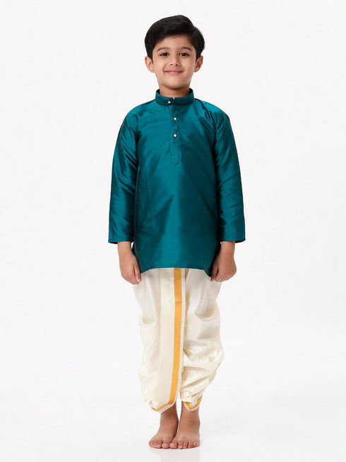 Ramraj Cotton Boys Silk Cotton Full Sleeves Dark Green Kurta with Panchakacham Combo