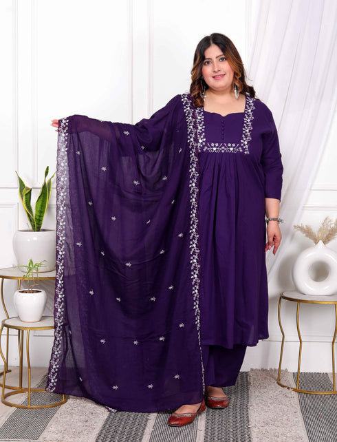 Miravan Womens Plus Size Cotton Purple A Line Kurta With Embroidered Neck And Palazzo With Embroidered Dupatta Set
