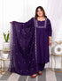 Miravan Womens Plus Size Cotton Purple A Line Kurta With Embroidered Neck And Palazzo With Embroidered Dupatta Set